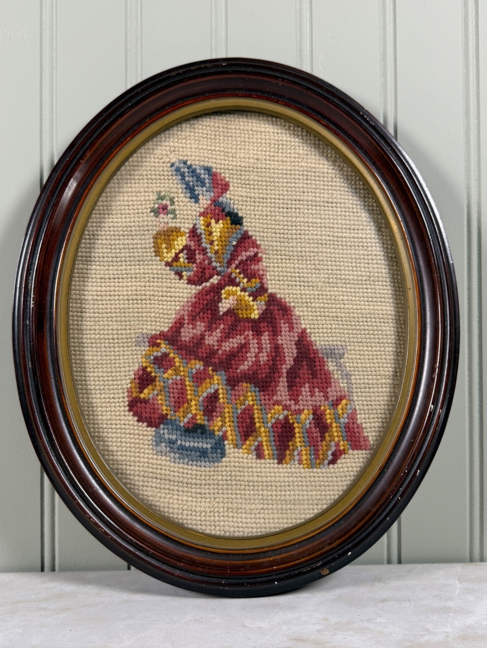 Vintage Framed Needlepoint Lady Portrait Wall Art